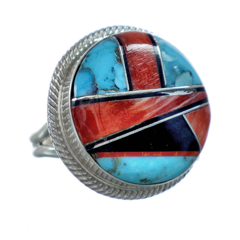 Native American Sterling Silver Multicolor Inlay Ring Size 7-3/4 NN20660